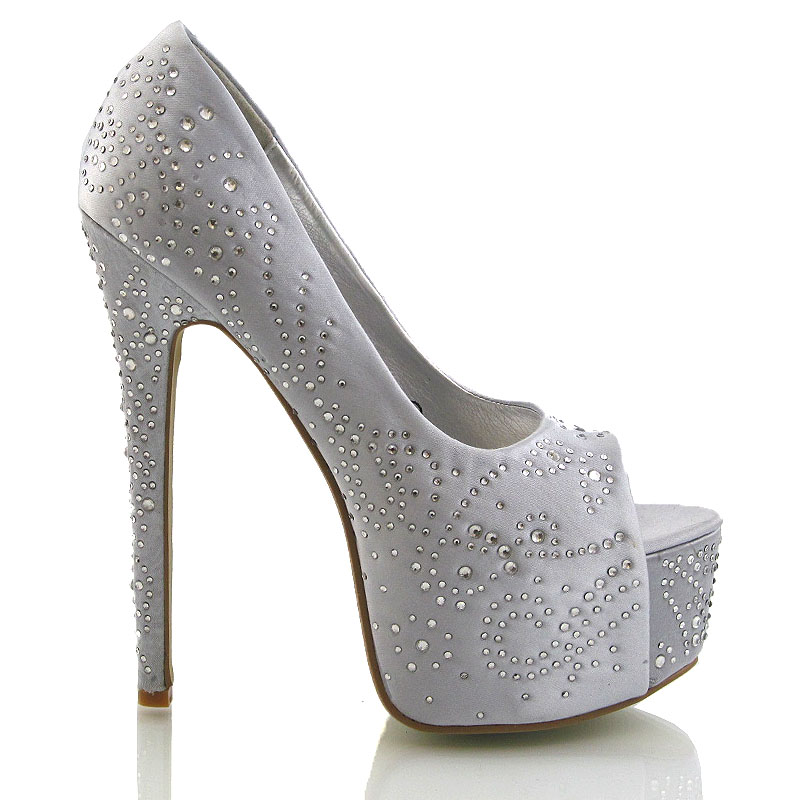 Ladies High Heel Satin Diamante Womens Platform Bridal Prom Party Sparkly Shoes Ebay 2359