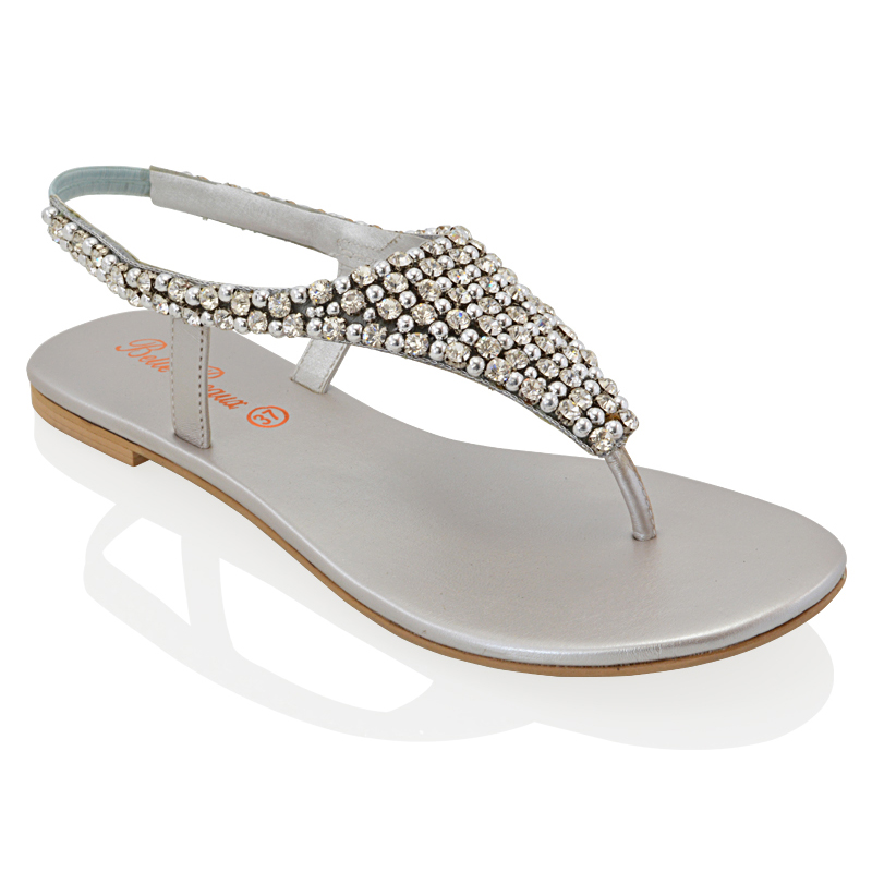 LADIES FLAT TOE POST WOMENS DIAMANTE PEARL HOLIDAY DRESSY PARTY SANDALS ...