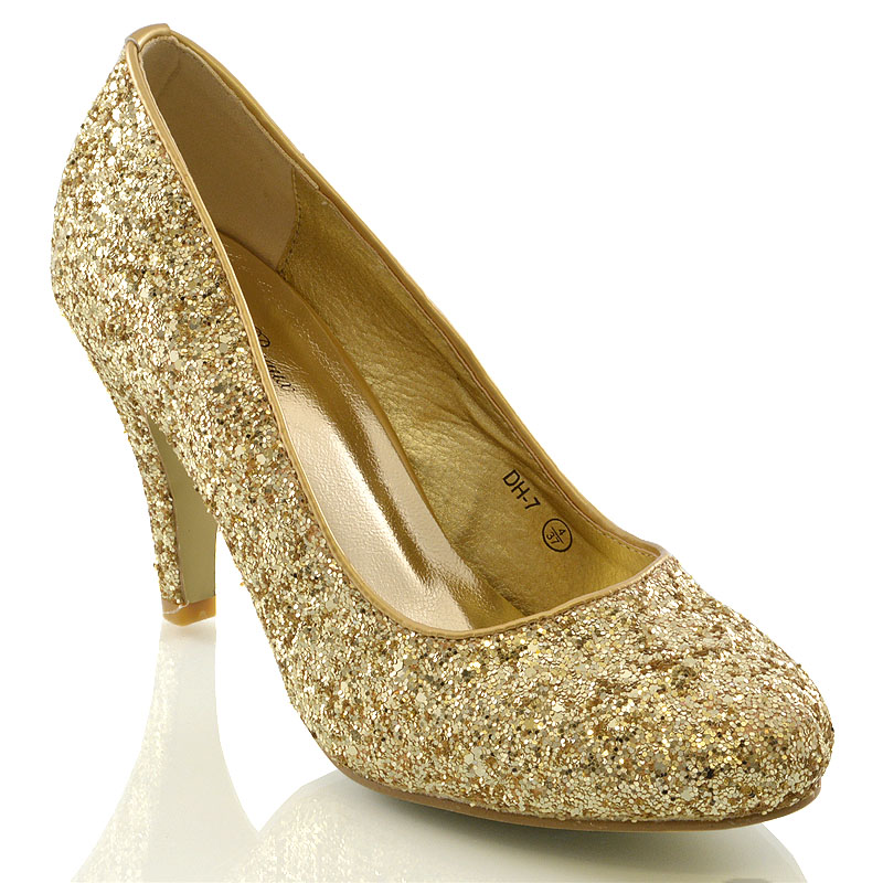 Womens Glitter Shoes Bridal Slip On Low Heel Ladies Evening Party ...